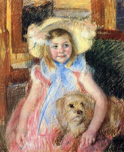 Sara i stor blomstret hat, kigger til højre og holder sin hund, ca. 1901 (pastel på papir) af Mary Cassatt