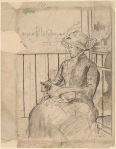 Susan på en balkon holder en hund [recto], ca. 1883. af Mary Cassatt