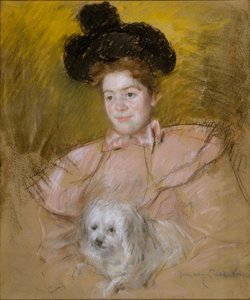 Kvinde i hindbærfarvet dragt med en hund af Mary Cassatt