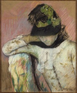 Ung kvinde med en sort og grøn hue, der ser ned af Mary Cassatt