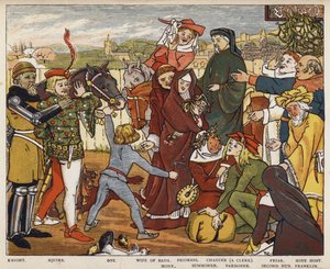 Geoffrey Chaucer, The Canterbury Tales, The Pilgrims forlader The Tabard Inn (farve litho)