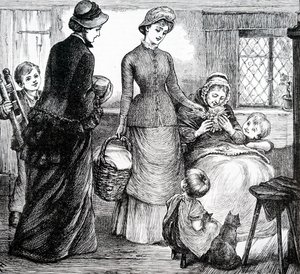 En kvinde, der giver gaver til en fattig sommerhusmand. Af Mary Ellen Edwards (1838-1934), en engelsk kunstner af Mary Ellen Edwards