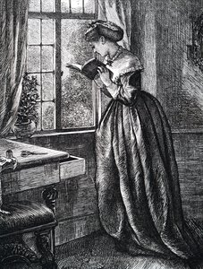 En ung kvinde læser ved et åbent vindue. af Mary Ellen Edwards