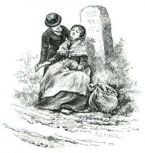 En nødlidende, ugift mor fundet udmattet på vej til Workhouse med sin baby. Scene, der minder om en Thomas Hardy-roman, men en ikke ualmindelig i landdistrikter i hele landet. Illustration af Mary Ellen Edwards c1881. af Mary Ellen Edwards