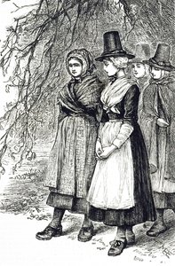 En gravering, der forestiller walisiske piger på en Hollantide Fair, en ansættelsesmesse, der venter på at blive forlovet som hushjælp. Illustreret af Mary Ellen Edwards (1838-1934), en engelsk kunstner og illustrator af børnebøger af Mary Ellen Edwards