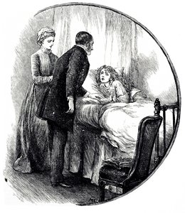 En gravering, der forestiller en læge, der besøger sin unge patient derhjemme. Illustreret af Mary Ellen Edwards (1838-1934), en engelsk kunstner og produktiv illustrator af børnebøger af Mary Ellen Edwards