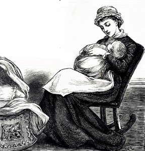 En gravering, der forestiller en mor, der vugger sin baby. Illustreret Mary Ellen Edwards (1838-1934), en engelsk kunstner og produktiv illustrator af børnebøger af Mary Ellen Edwards