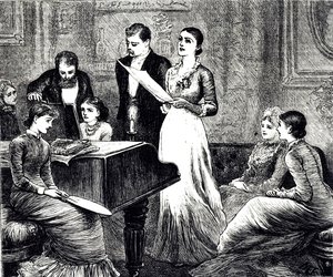 En gravering, der forestiller en musikalsk aften. Illustreret af Mary Ellen Edwards (1838-1934), en engelsk kunstner og illustrator af børnebøger af Mary Ellen Edwards