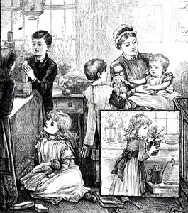 En gravering, der viser en regulær scene af en velhavende victoriansk familie. På hovedbilledet bliver børnene overvåget af deres børnepige, mens de leger med byggesten. Indsatsbilledet viser en lille pige placerer en potteplante på en vindueskarm. jeg af Mary Ellen Edwards