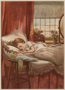 Barn sovende i seng (chromolitho)