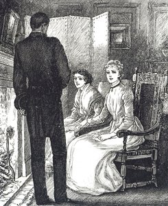 Gravering af to kvinder, der holder varmen ved siden af pejsen af Mary Ellen Edwards
