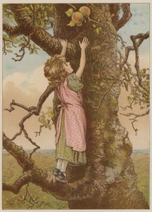 Pige klatrer efter de sidste æbler (chromolitho) af Mary Ellen Edwards
