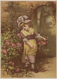 Pige plukker roser (chromolitho) af Mary Ellen Edwards