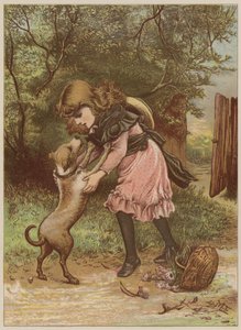 Pige leger med hund (chromolitho)