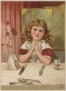 Pige, der beder bordbøn før måltidet (chromolitho) af Mary Ellen Edwards