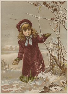 Pige, der tager brød for at fodre fugle i sneen (chromolitho) af Mary Ellen Edwards