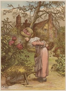 Pige ser på bi i haven (chromolitho) af Mary Ellen Edwards