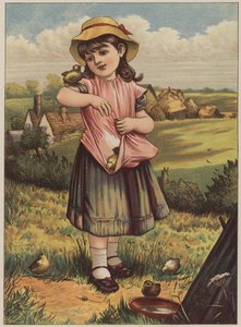 Pige med kyllinger (chromolitho) af Mary Ellen Edwards