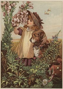 Pige med hund, der lugter til blomster (chromolitho)