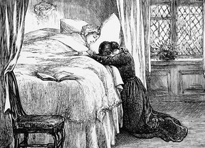 Illustration, der viser en datter, der græder ved sin mors dødsleje