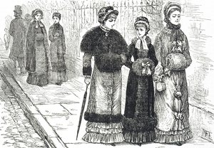Illustration, der viser unge kvinder med muffer, for at holde deres hænder varme i det koldere vejr af Mary Ellen Edwards