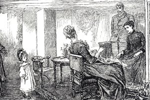 Illustration af en lille pige, der bliver passet af sine tanter og onkel en eftermiddag af Mary Ellen Edwards