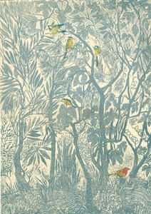 Fuglekiggeri fra køkkenvinduet: Robin, 2012 (vinylgravering, relieftryk) af Mary Kuper