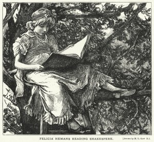 Felicia Hemans Reading Shakespere (gravering) af Mary L. Gow