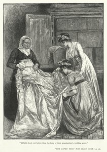 "Lisbeth rystede folderne af deres bedstemors brudekjole ud foran dem" (gravering) af Mary L. Gow