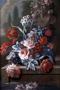 Stilleben af blomster ved en fontæne (olie på lærred) (par 121413) af Mary Moser