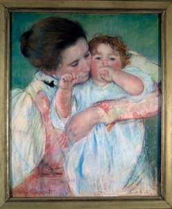 Mor og barn på grøn baggrund eller barselsmaleri af Mary Cassatt (1844-1926) 1897 Søn. 0,55x0,46 m Paris, musee d