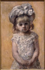 Portræt af pige eller blondekjole. Portræt af en lille pige i en hvid kjole ser trist ud. Maleri af amerikaneren Mary Cassatt (1844-1926)