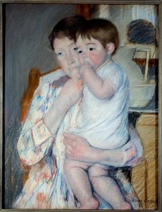 Kvinde og barn foran en tablet, hvor en marmelade og en skål er placeret. Maleri af Mary Cassatt (1844-1926) Ec. Er af Mary Stevenson Cassatt