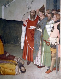 Afsnit af nytårsaften: Pave Saint Sylvester I (Silvester eller Silvestro) (314-335) rejser to magikere (Saint sylvester rejser to magikere) Fresco af Maso di Banco (kendt omkring 1341-1346) 1300-tallet Firenze, Chiesa di Santa Croce , Cappella Bardi