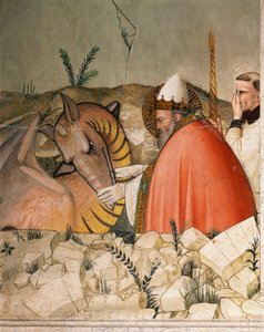 Episoder af nytårsaftens liv: Pave Sankt Sylvester I (Silvester eller Silvestro) (314-335) lukker dragens mund. Detalje. Fresco af Maso di Banco (kendt omkring 1341-1346) Firenze fra det 14. århundrede, Chiesa di Santa Croce, Cappella Bardi
