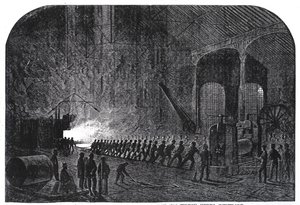 Processen med at rulle panserplader til Hendes Majestæts skibe på Alas Steelworks, Sheffield, illustration fra 