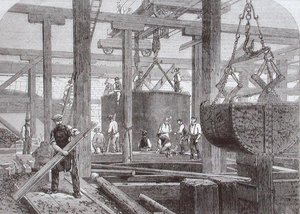 Udsigt over byggearbejde, der finder sted ved Blackfriars Bridge for London, Chatham og Dover Railway, der viser synkningen af en cylinder til en af de cirkulære stenmoler