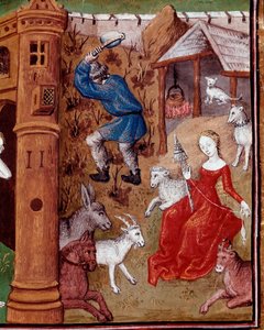 Repræsentation af Adam, der plukker jorden, og Eva spinder ulden efter at være blevet jaget fra det jordiske paradis. Miniature taget fra "" Des cas des nobles hommes et femmes infortunes"" (De casibus) af Giovanni Boccaccio dit Jean Boccace (1313-1375), I