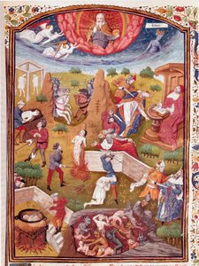 Vision of Boccace: scene for tortur, hængning, massakre Miniature taget fra "" Cases of noble men and women unfortunes"" (De casibus) af Giovanni Boccaccio dit Jean Boccace (1313-1375), italiensk forfatter, oversat af Laurent de Premierfait og enlumine af 