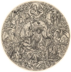 Johannes Døberen i ørkenen med Guds Lam, omgivet af symbolerne fra evangelisterne og kirkens fire fædre