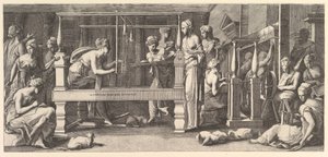 Kvinder spinder, væver og syr, 1540-50.
