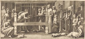 Penelope og hendes tjenestepiger væver af Master FG, after Francesco Primaticcio