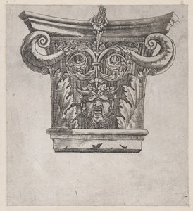 Mirror of Roman Magnificence: Kapital med peapod-ruller og satyrhoved, ca. 1537., ca. 1537