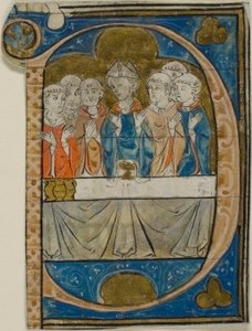 Biskop ved messe i et historisk indledende "P" fra en korbog af Master Honoré