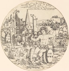 Bacchus siddende i et landskab af Master IS.