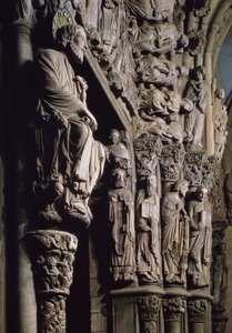 Detalje af Portico de la Gloria forestillende St James, sten fra det 12. århundrede