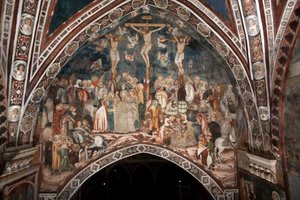 Korsfæstelsesfresken af Mesteren af Sacro Speco. 14. århundrede. Superior Kirke. Klosteret Saint Benedetto (Sacro Speco), Subiaco (Rom), Italien
