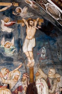 Den uomvendte tyv, korsfæstes med Jesus, hans sjæl bliver revet ud af hans mund af en dæmon Repræsentation af den onde tyv kalder Gesmas eller Gestas. Fresco af mesteren af Sacro Speco. 14. århundrede. Superior Kirke. Klosteret Saint Benedetto (Sacro Spec