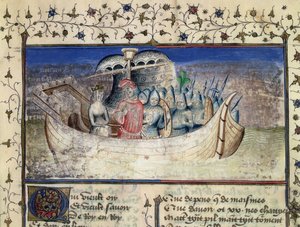 Den trojanske Brutus sejler til Storbritannien, fra The History of the Kings of Britain af Geoffrey af Monmouth (1100-54) af Master Wistace