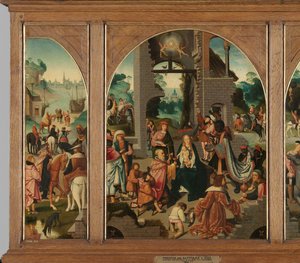 Triptykon med tilbedelse af Magi (midter og indre vinger), Saint Antony Abbed (venstre, ydre fløj) og Saint Adrian (højre, ydre fløj) af Master of Alkmaar (attributed to)